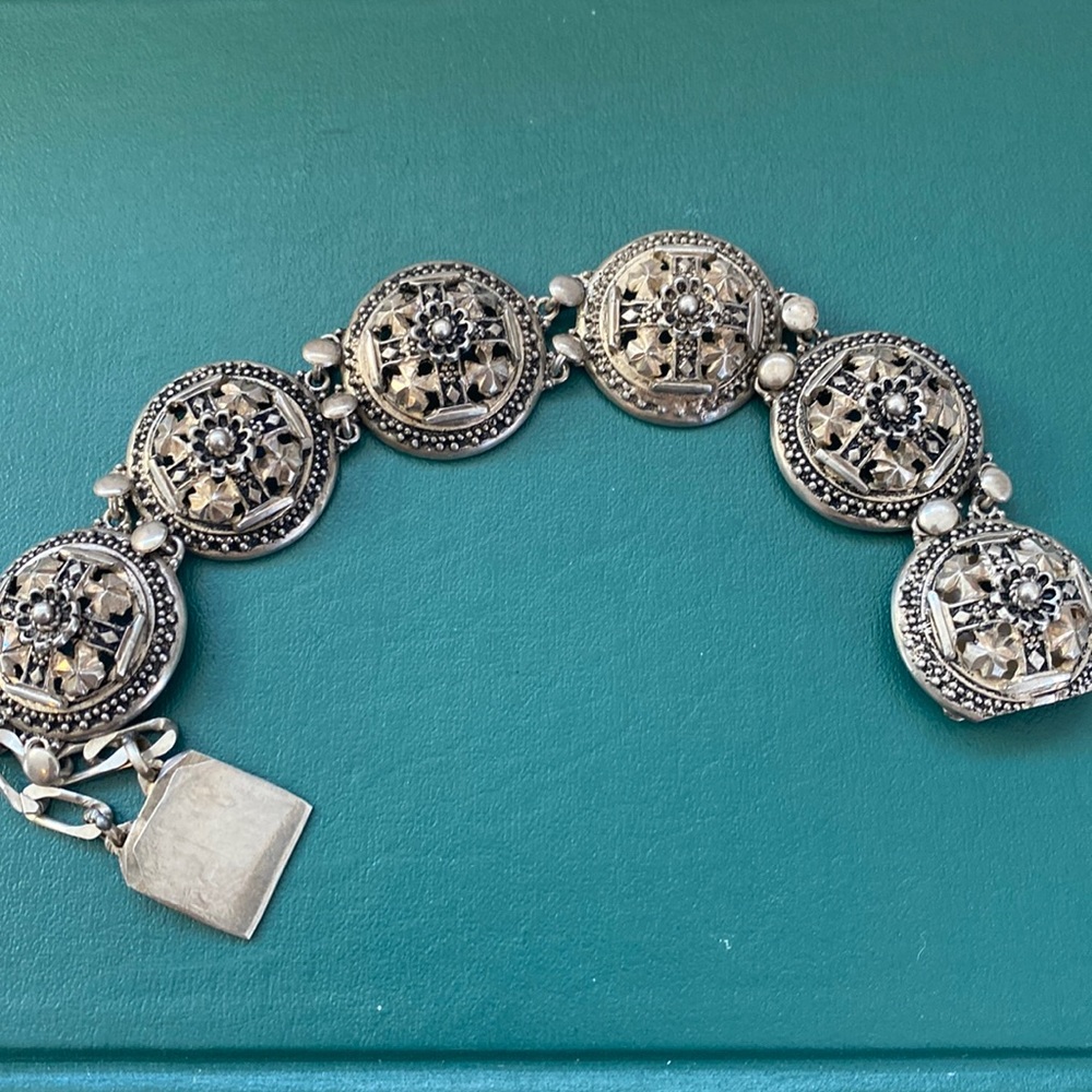Jerusalem 6 crosses, on 8” vintage bracelet stamped 900 Jerusalem. Too big 4 me.